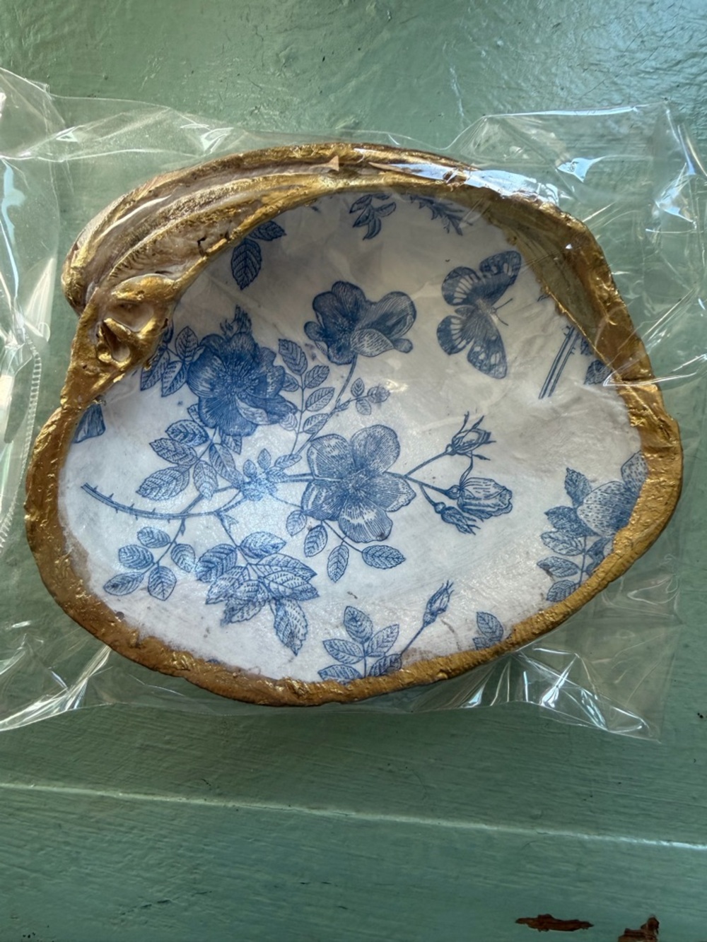 Blue Floral Decorative Shell Tray with Gold Rim